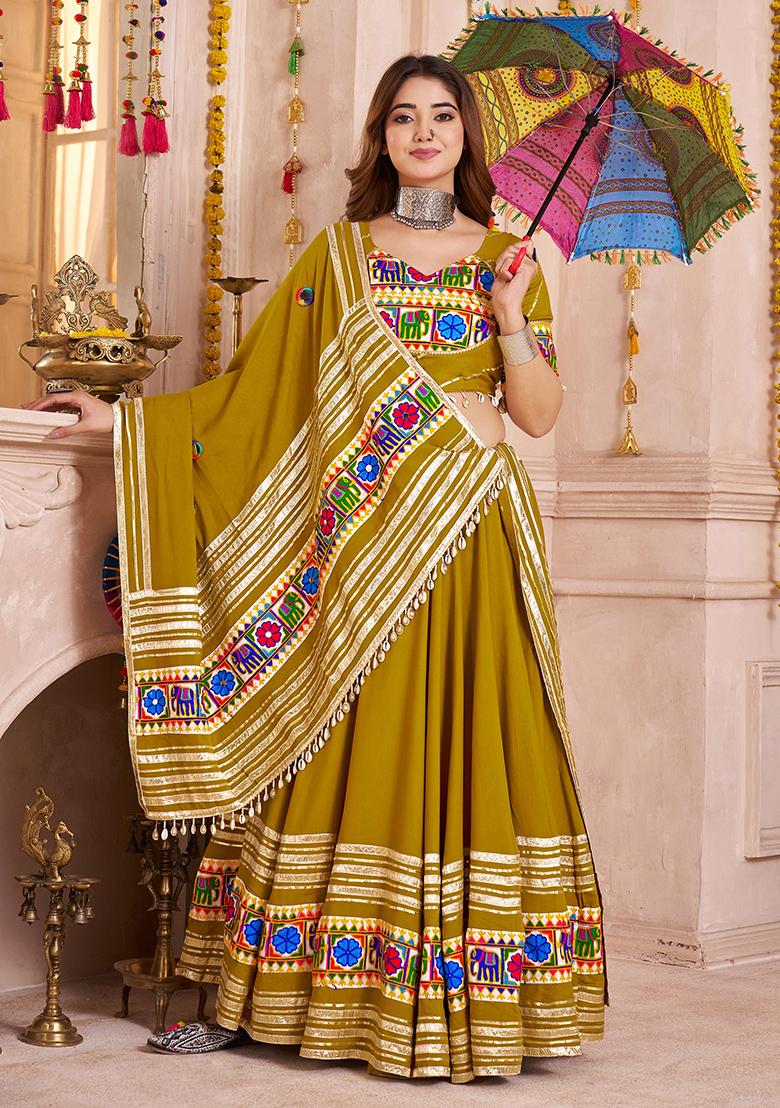 Fluorescent Green Thread Embroiderey Viscose Cotton Lehenga Set
