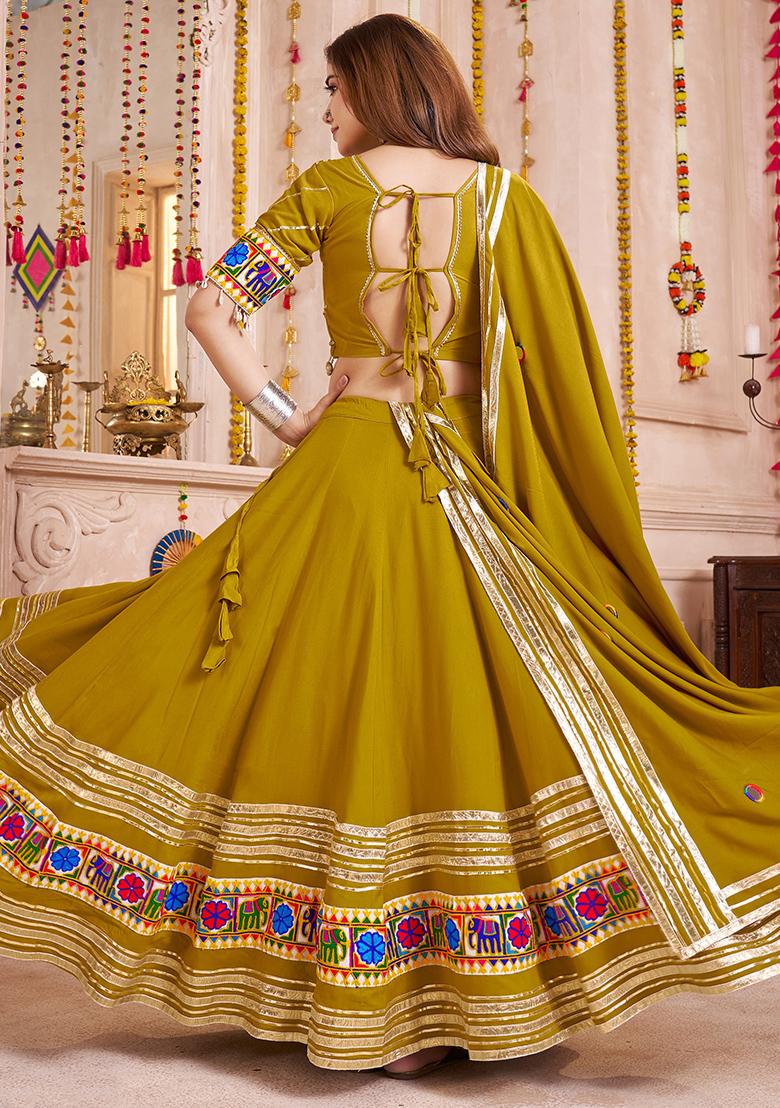 Fluorescent Green Thread Embroiderey Viscose Cotton Lehenga Set