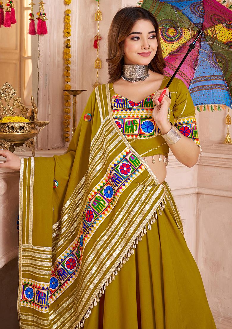 Fluorescent Green Thread Embroiderey Viscose Cotton Lehenga Set