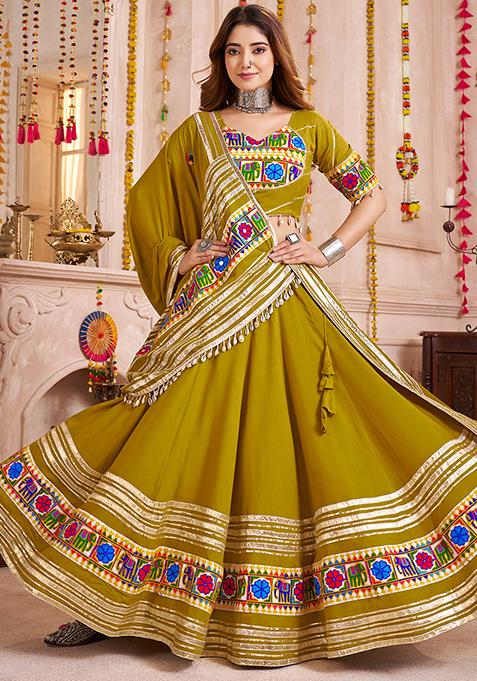 Fluorescent Green Thread Embroiderey Viscose Cotton Lehenga Set