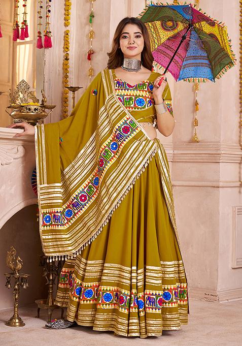 Fluorescent Green Thread Embroiderey Viscose Cotton Lehenga Set