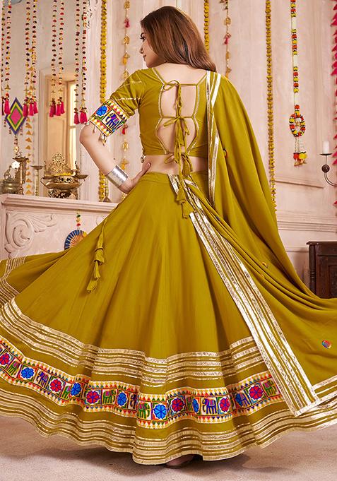Fluorescent Green Thread Embroiderey Viscose Cotton Lehenga Set