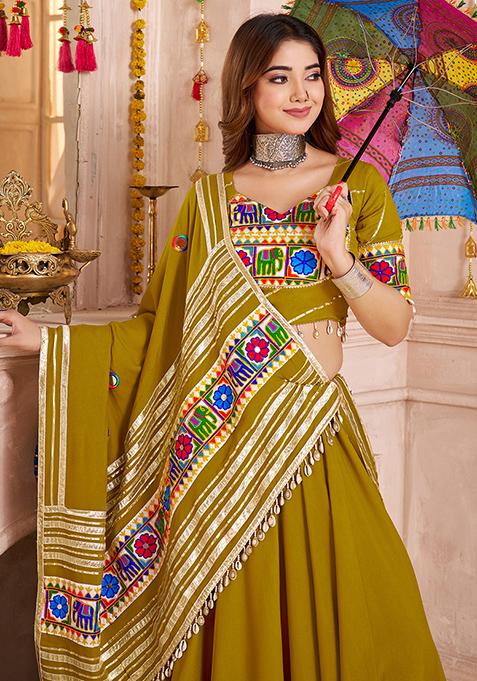 Fluorescent Green Thread Embroiderey Viscose Cotton Lehenga Set