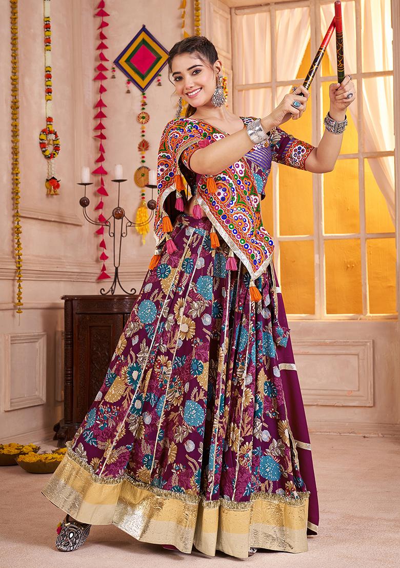 Purple Thread Embroiderey Viscose Cotton Lehenga Set