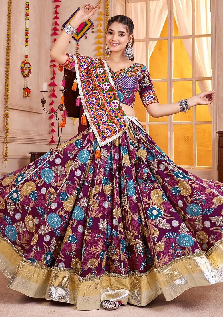 Purple Thread Embroiderey Viscose Cotton Lehenga Set