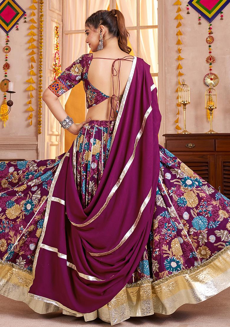 Purple Thread Embroiderey Viscose Cotton Lehenga Set