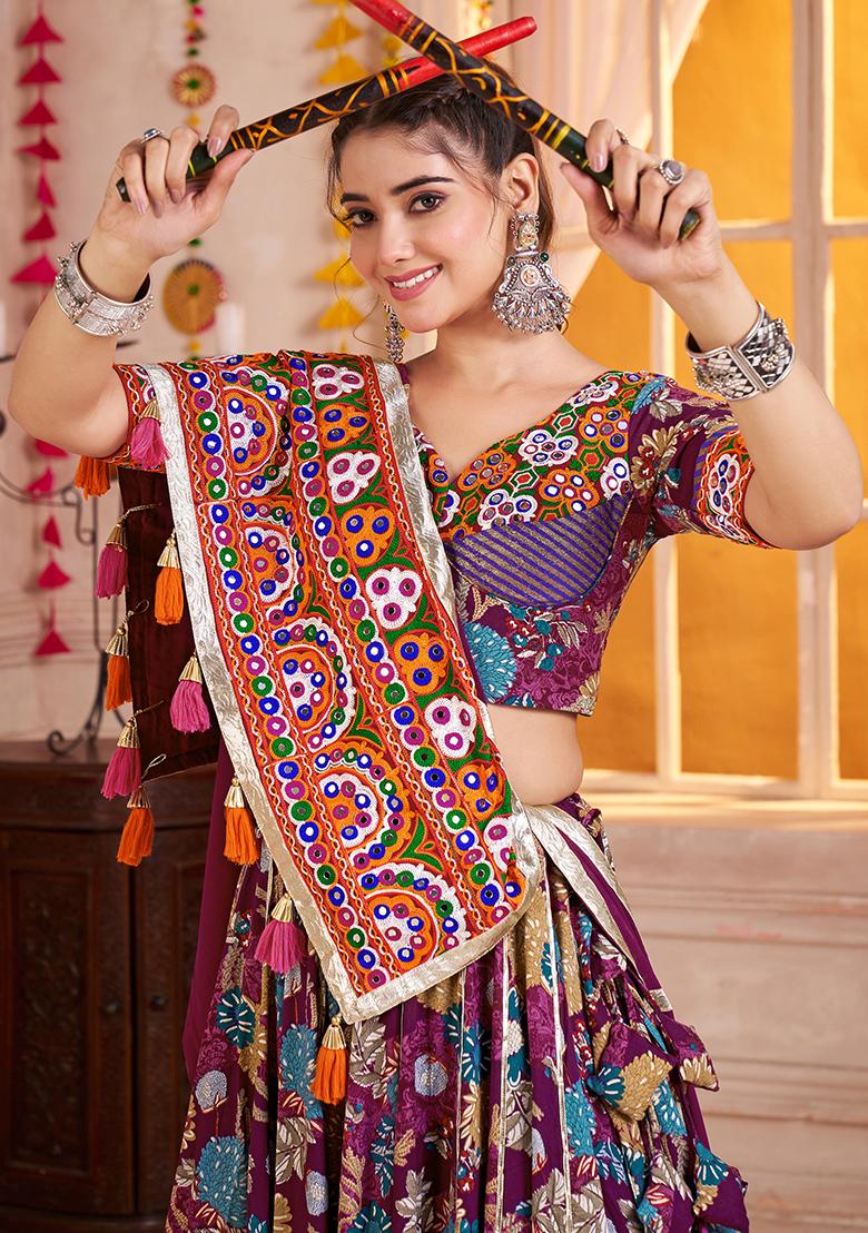 Purple Thread Embroiderey Viscose Cotton Lehenga Set