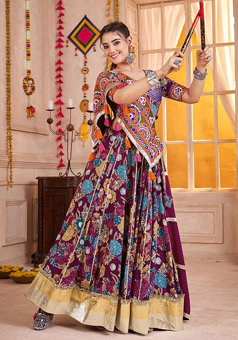 Purple Thread Embroiderey Viscose Cotton Lehenga Set
