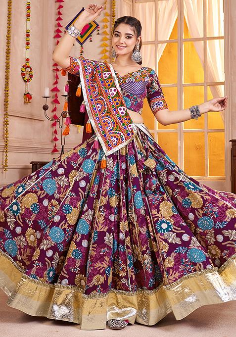 Purple Thread Embroiderey Viscose Cotton Lehenga Set