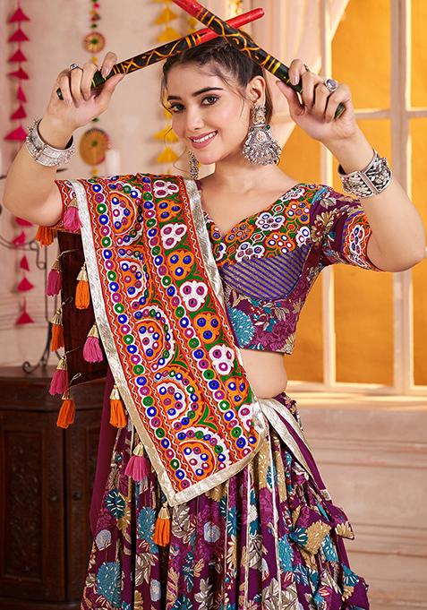 Purple Thread Embroiderey Viscose Cotton Lehenga Set