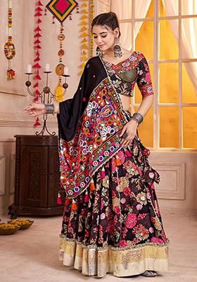 Black Thread Embroiderey Viscose Cotton Lehenga Set