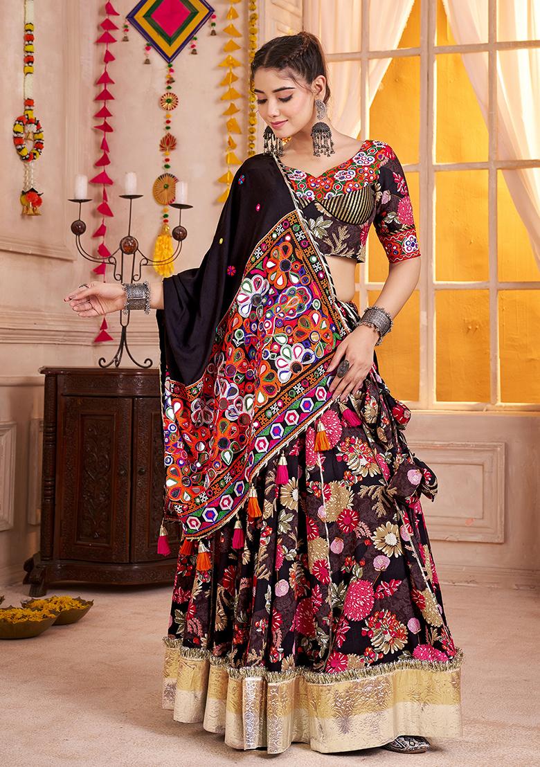 Black Thread Embroiderey Viscose Cotton Lehenga Set