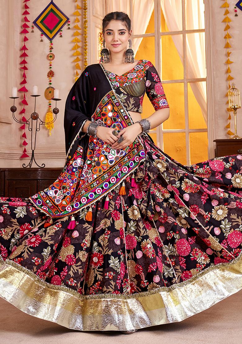 Black Thread Embroiderey Viscose Cotton Lehenga Set - Indya