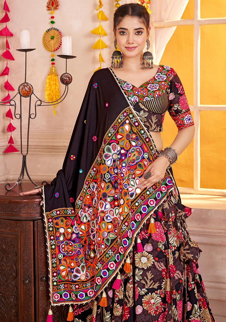 Black Thread Embroiderey Viscose Cotton Lehenga Set - Indya