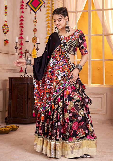 Black Thread Embroiderey Viscose Cotton Lehenga Set