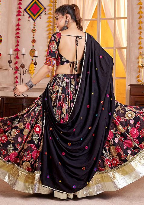 Black Thread Embroiderey Viscose Cotton Lehenga Set
