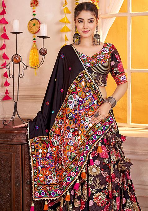 Black Thread Embroiderey Viscose Cotton Lehenga Set