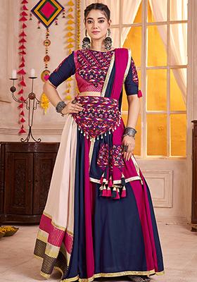 Navy Blue And Rani Pink Thread Embroiderey Viscose Cotton Lehenga Set