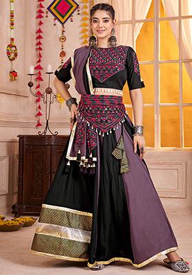 Black And Purple Thread Embroiderey Viscose Cotton Lehenga Set