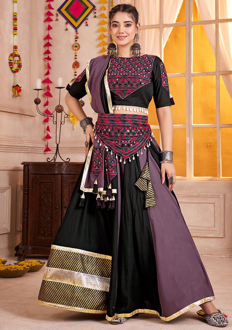 Black And Purple Thread Embroiderey Viscose Cotton Lehenga Set