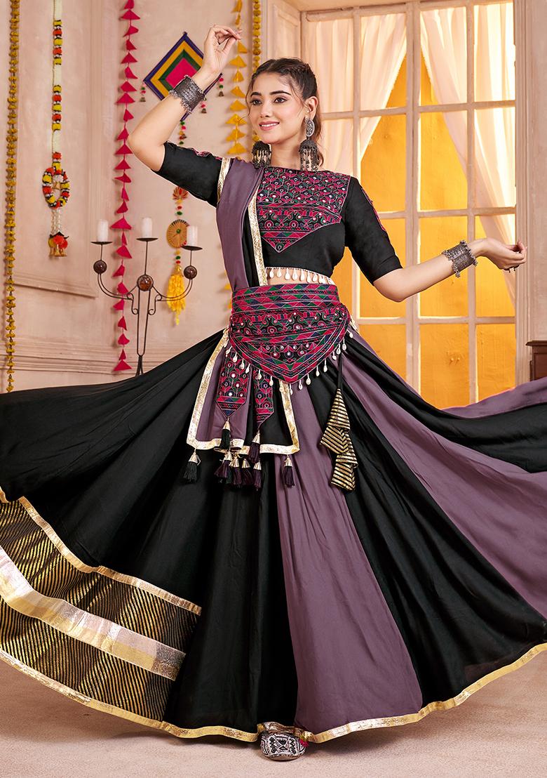 Black And Purple Thread Embroiderey Viscose Cotton Lehenga Set