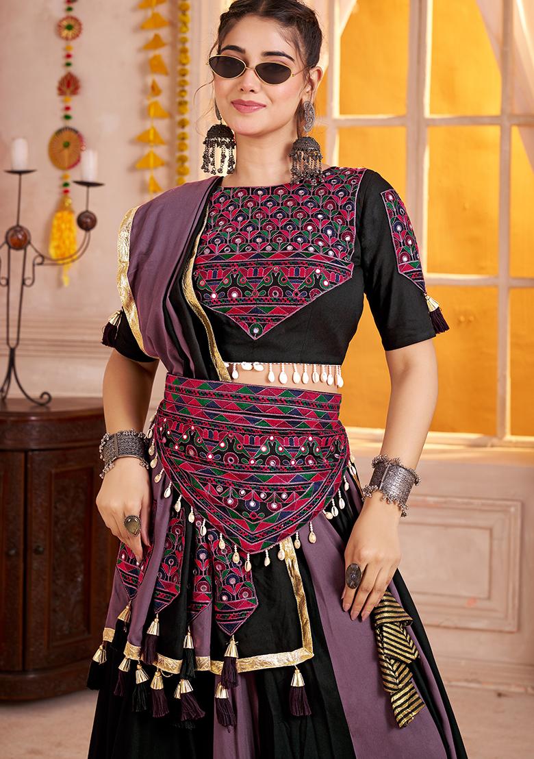 Black And Purple Thread Embroiderey Viscose Cotton Lehenga Set