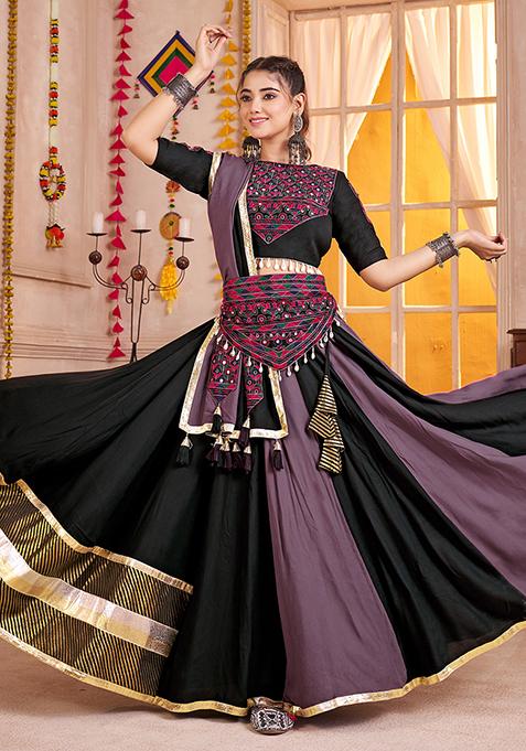Black And Purple Thread Embroiderey Viscose Cotton Lehenga Set