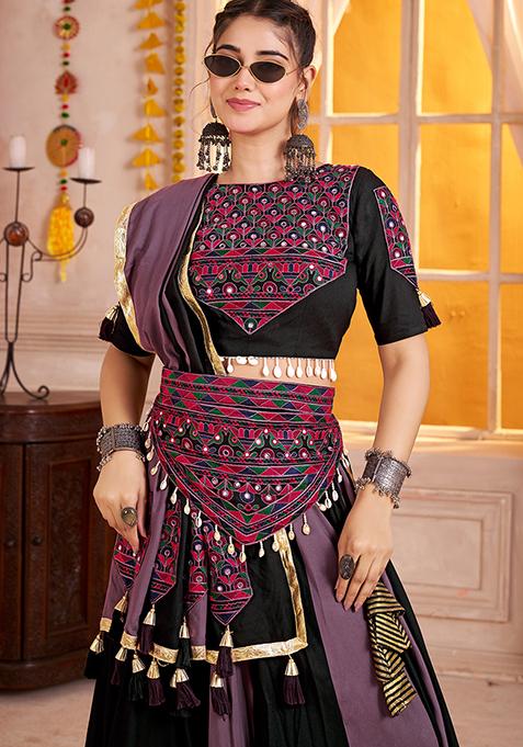 Black And Purple Thread Embroiderey Viscose Cotton Lehenga Set