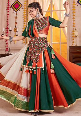Green And Orange Thread Embroiderey Viscose Cotton Lehenga Set