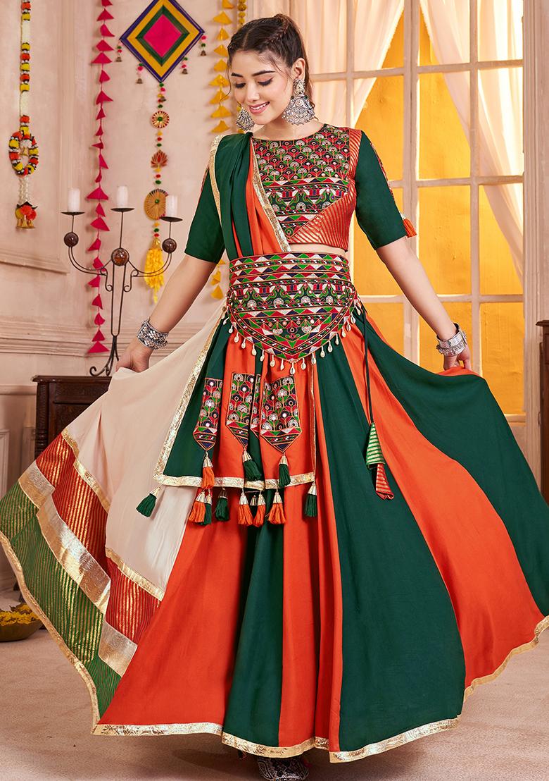 Green And Orange Thread Embroiderey Viscose Cotton Lehenga Set
