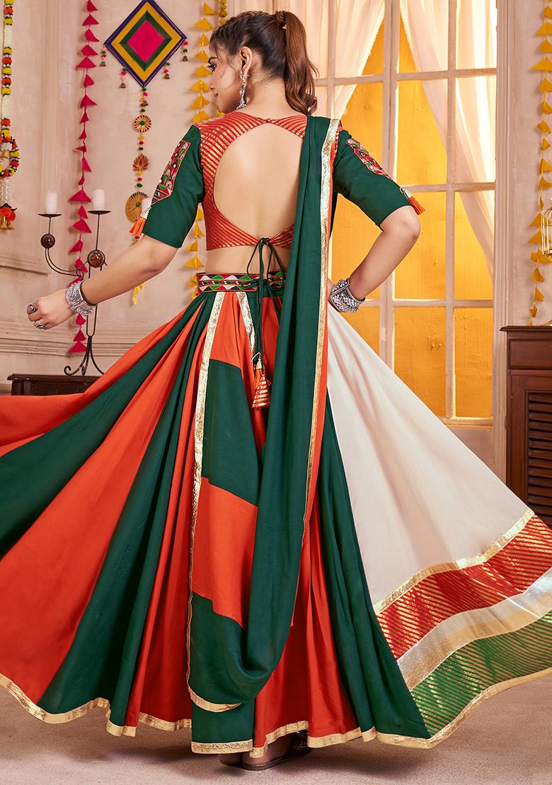 Green And Orange Thread Embroiderey Viscose Cotton Lehenga Set