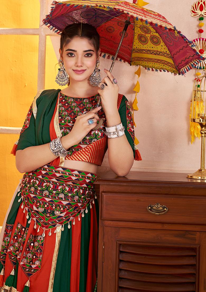 Green And Orange Thread Embroiderey Viscose Cotton Lehenga Set