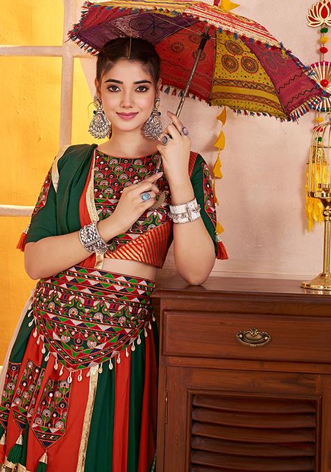 Green And Orange Thread Embroiderey Viscose Cotton Lehenga Set