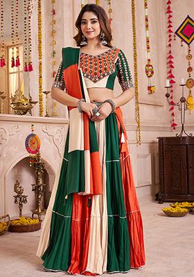 Orange And Green Thread Embroiderey Viscose Cotton Lehenga Set