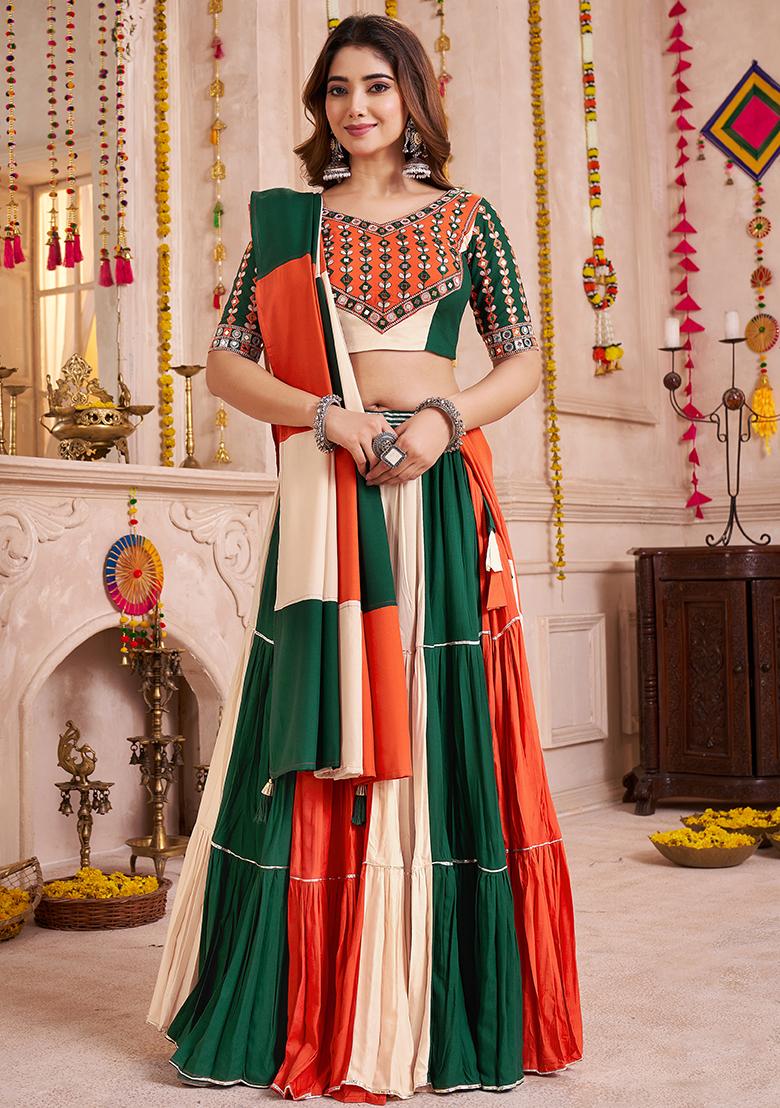 Orange And Green Thread Embroiderey Viscose Cotton Lehenga Set