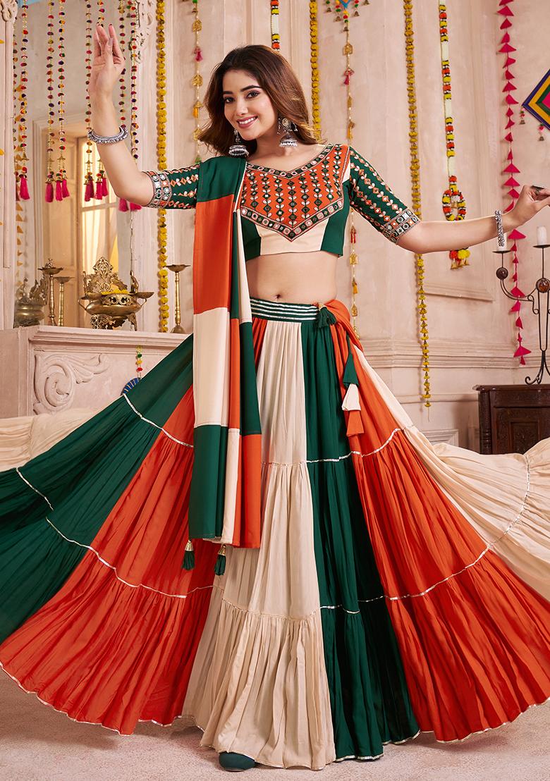 Orange And Green Thread Embroiderey Viscose Cotton Lehenga Set