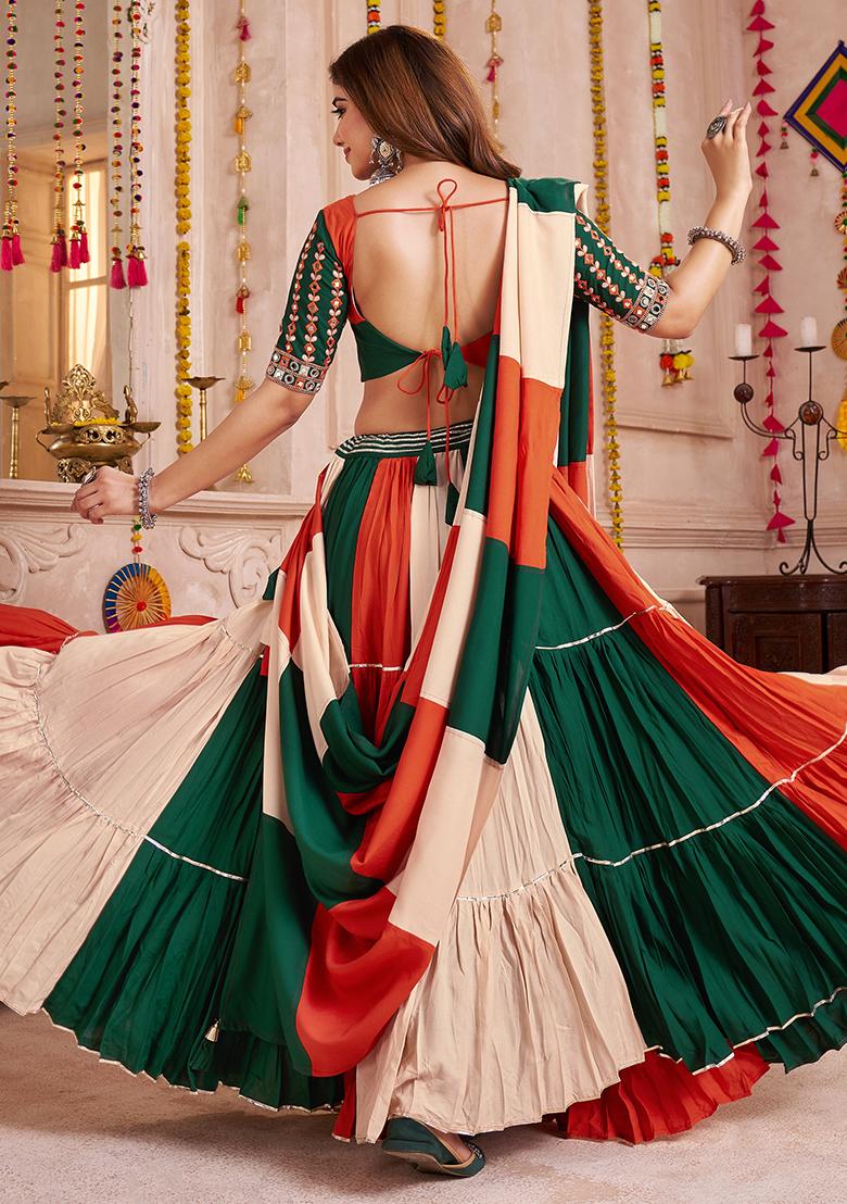 Orange And Green Thread Embroiderey Viscose Cotton Lehenga Set