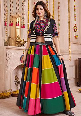 Black And Multicolor Thread Embroiderey Viscose Cotton Lehenga Set