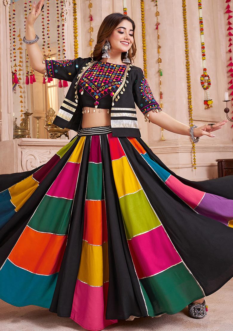Black And Multicolor Thread Embroiderey Viscose Cotton Lehenga Set