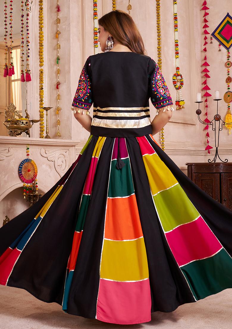 Black And Multicolor Thread Embroiderey Viscose Cotton Lehenga Set