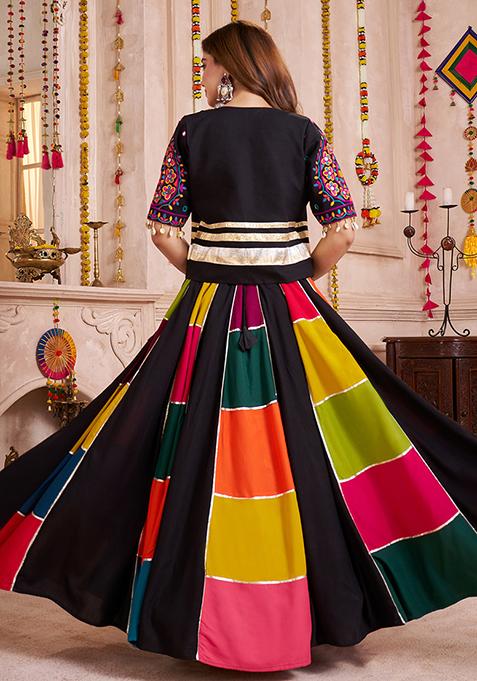 Black And Multicolor Thread Embroiderey Viscose Cotton Lehenga Set