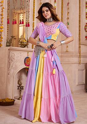 Lavender And Multicolor Thread Embroiderey Viscose Cotton Lehenga Set