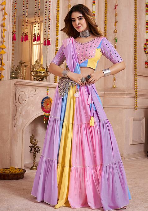 Lavender And Multicolor Thread Embroiderey Viscose Cotton Lehenga Set