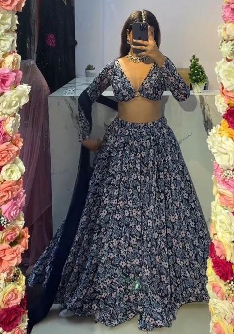 Multicolor Embroidered Blended Lehenga Set