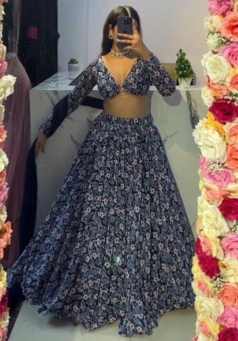 Multicolor Embroidered Blended Lehenga Set