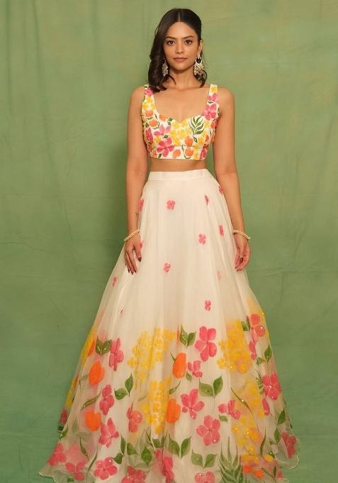 Multicolor Embroidered Blended Lehenga Set