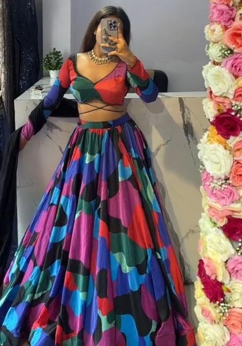Multicolor Embroidered Blended Lehenga Set