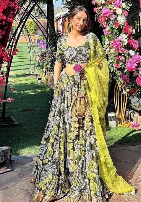 Multicolor Embroidered Blended Lehenga Set