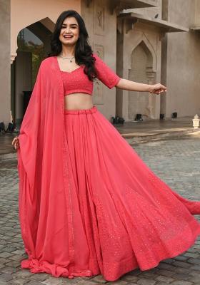 Pink Embroidered Blended Lehenga Set