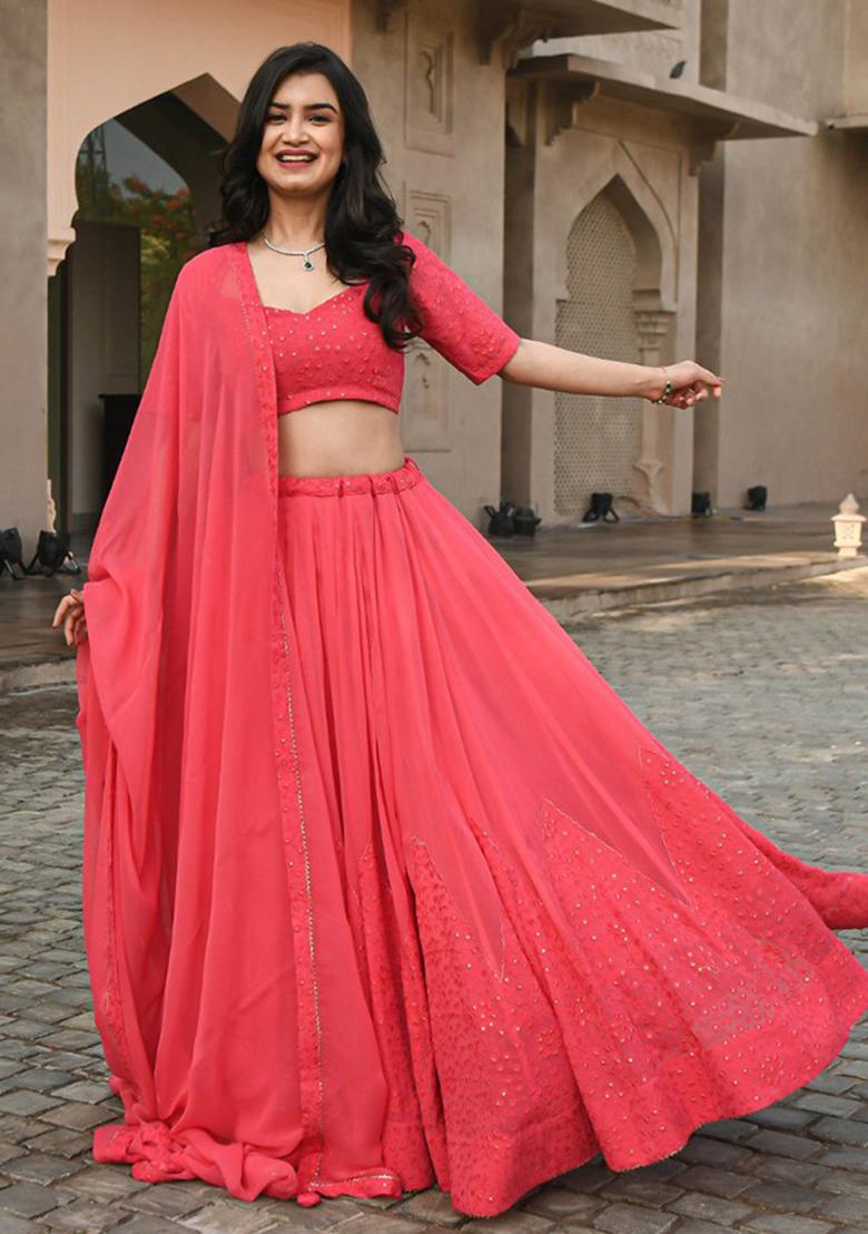 Pink Embroidered Blended Lehenga Set